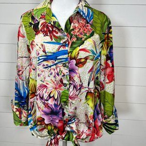 Mishca Tropical Floral Satin Blouse with Tie Size M